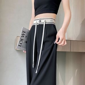 Stylish Patchwork Contrast Color Wide-Leg Pants Womens Summer New Arrival High Waist Slim Looking Ice Silk Suit Pants Drape Mop Pants