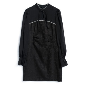 Beaded Standing Collar Flared Cuff Jacquard Pleated Waist Slim Fitting Cheongsam Dress