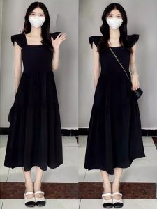 Black Flying Sleeves Square Collar Sling Dress Small Easiest for Match Back Smocking Waist-Tight Slim Looking Tea Break A- line Skirt