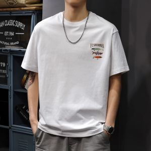 Heavyweight Pure Cotton American Retro Fishing Man Short Sleeve T-Shirt Mens New 2025 Half Sleeve Body Shirt Breathable Summer Casual Tee