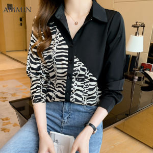 AMMIN 2024เสื้อลำลองสำหรับผู้หญิงใหม่ Atasan Sifon MODE Korea พิมพ์ลายเสือดาวแขนยาวคอปกสีตัดกัน