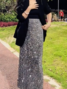 MANMI | French Style Silver Sequins A-Line Long Skirt