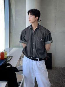 New Korean Style Loose Simple Mens Denim Shirt Casual Fashion Trend Versatile High-End Short Sleeve Shirt Breathable Summer Youth Pop