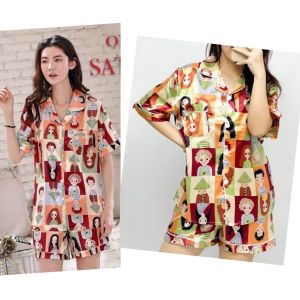 ●ECLAIRE● 0IS Setelan Celana Piyama HP Pakaian Tidur Satin Kerah Kemeja Kancing Hidup Motif People Cartoon import
