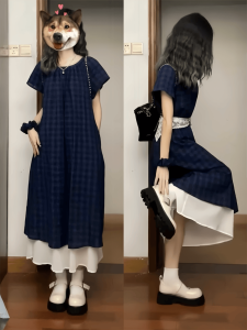 plus Size Womens Plaid Short Sleeve Dress Casual Loose Slimming High Waist A-Line Midi Skirt Single Piece Summer New Style