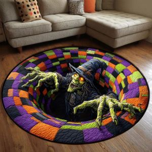 VIKAMA 3D Optical Illusion Witch Round Rug Spooky Halloween Non Slip Floor Mat For Living Room Holiday Decor