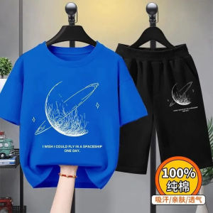 Boys Pure Cotton Suit Short Sleeve T-shirt Shorts New Arrival Summer Clothes Print Medium and Large Childrens Set Childrens Two-Piece Suit