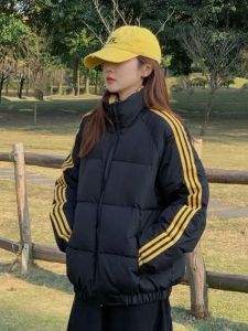 plus Size Casual Loose Cotton Jacket Warm Bread Style Stand Collar American Color Block Design Trendy Commute Geometry Fairy