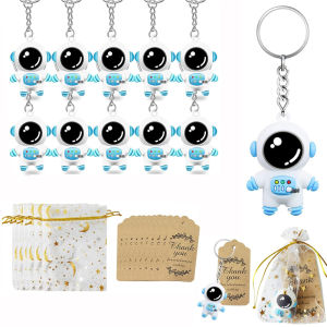 10 Sets of Astronaut Space Keychain with Thank You Label and Star Moon Organza Bag for Birthday Party Shower Gifts