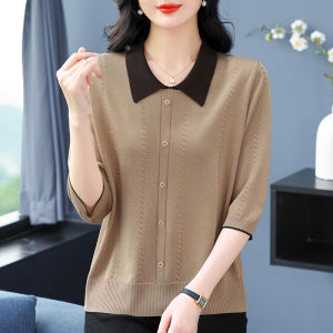 Silk Blend Mid-Sleeve T-Shirt Womens Spring Summer Loose Fit Fashionable Top Mommy Style Knitted Slimming Large Size Shirt