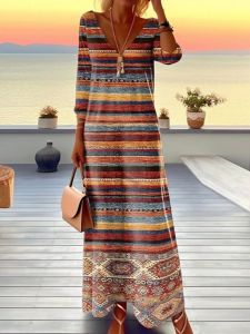 ชุดเดรสคอวีลายทางพิมพ์ผู้หญิง แขนยาว เอวกลาง ฤดูร้อน ชุดเดรสยาวปานกลาง เอวสูง สไตล์สตรีท แขนยาวปกติ ชุดเดรสผู้หญิง