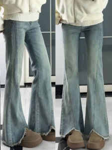 Light Wash Slit Denim High Waist Loose Womens Jeans Bell Bottoms plus Size Comfortable Not Tight Micro Flared Pants