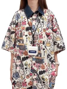 Áo Sơ Mi Nữ Tay Ngắn Mùa Hè Cổ Polo in Họa Tiết Phong Cách Đại Học Rộng Rãi Cho Cặp Đôi Chất Liệu Polyester Dài Vừa Phải