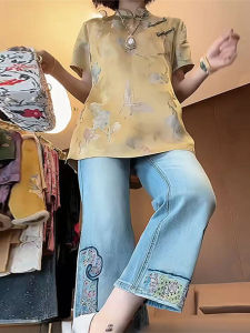 Shalldoer | Bộ đồ hai mảnh phong cách Trung Hoa mới dành cho nữ mùa hè 2025 Áo sơ mi thêu nút cài quần jeans in họa tiết tay ngắn cổ đứng