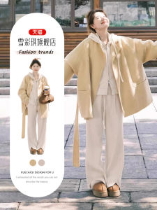 Autumn Winter Womens plus Size Casual Loose Woolen Coat Pants Three Piece Set Slimming Soft Style Fashionable Ensemble