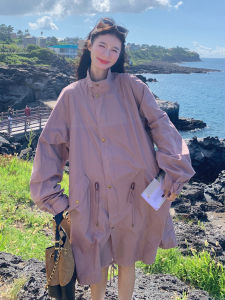 Loose Fit Workwear Style Womens Windbreaker Pink Purple Stand Collar Long Coat Korean Fashion Loose Design Comfortable Outerwear