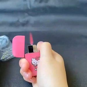 Wholesale HelloKitty Cartoon Lighter Windproof High-end Home Cute KT Cat KTV Bar Ultra-thin Cigarette Lighter Pink Flame Gift