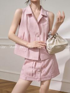 Elegant Workwear Pink Sleeveless High Waist Slimming Pencil Skirt Women Suit 2 Pieces