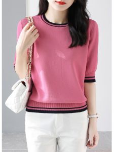 New Womens Ice Silk Knitted Top Loose Fit round Neck Short Sleeve T-Shirt Color Block Design Spring Summer Fashionable