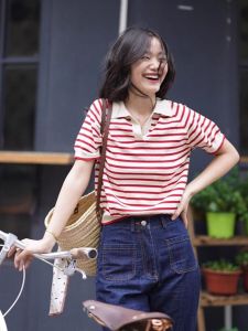 Summer Loose Red and White Stripe Knitted T-shirt Womens French Style Fancy Chic Polo Collar Shoulder Short Sleeve Tops Thin