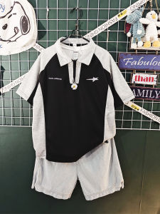 Summer New American Retro Color Block Polo Collar Short Sleeve T-Shirt Mens Loose Casual Versatile Top Trendy Cotton Nylon