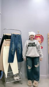 Quần jean nữ bigsize cô nhỏ dáng suông baggy ống rộng màu bụi rách cá tính chất demi thời trang cho chuppy Q503