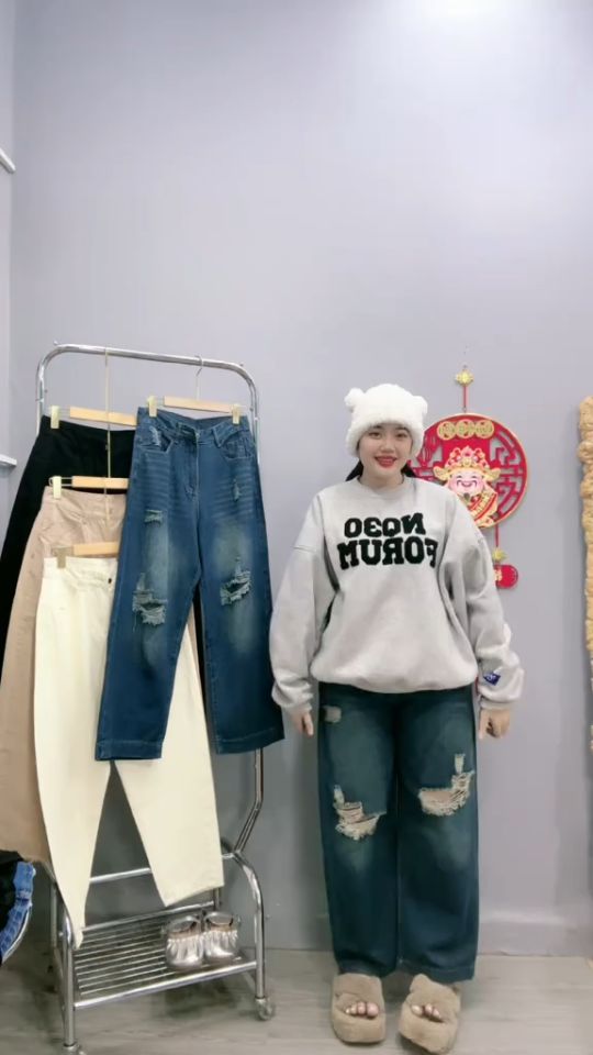 Quần jean nữ bigsize cô nhỏ dáng suông baggy ống rộng màu bụi rách cá tính chất demi thời trang cho chuppy Q503