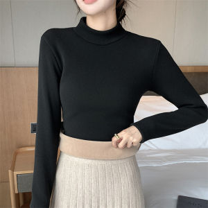 Fleece Lined Padded Warm Keeping Half Turtleneck Bottoming Shirt Womens Long-Sleeved T-shirt 23 Fall and Winter New Inner Wear Pure Color Tops V980