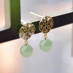 New 2026 Tujia Jadeite Stud Earrings Chinese Style Womens Fashion Jewelry Silver Plated Retro Mysticism Ear Decorations