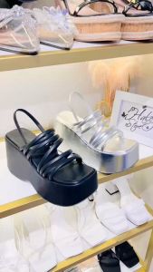 Giày xuồng sandal dây bạc đen HALEY STORE gót 9cm đế xuồng quai kéo tiểu thư công chúa đi chơi du lịch biển êm chân