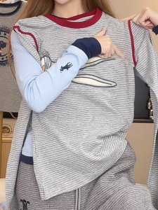 เสื้อยืดคอกลมแขนยาวปักลายกระต่ายสีบล็อกสำหรับผู้หญิง ฤดูใบไม้ร่วง 2024 รุ่นใหม่ เสื้อเชิ้ตฐานแบบอเนกประสงค์ เสื้อเชิ้ตคอตตอนผสม