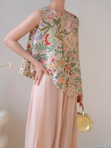 6970 Xia Sanzhai Pleated Classic Style Print National Style Versatile Casual T-Shirt Top  Print One Size (45-75kg)