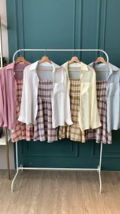 SET7074 Checker Slip Dress Set w/ Sheer Outer Dress