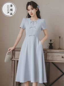 New Chinese Style Qipao Dress Womens Elegant National Spirit Waist Cinching Slimming Long Dress Short Sleeve round Neck Polyester Fiber