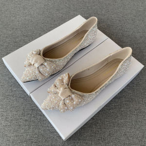 Comfortable Pointed Toe Flat Shoes Diamond Butterfly Knot Maids Dress Shoes Square Head Womens Slip-On Fashionable Casual Footwear