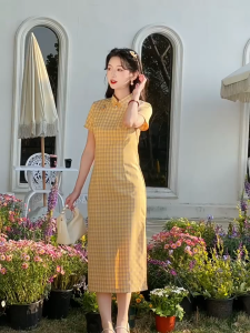 daidai (Ready Stock) Women Chinese Cheongsam Qipao Dress Green Plaid Vintage Slim Fit Mandarin Collar