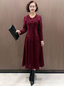 Red Fleece-Lined Long Sleeve V-Neck Lace Dress Elegant Autumn Winter Mommy Clothes High Quality plus Size Base Skirt
