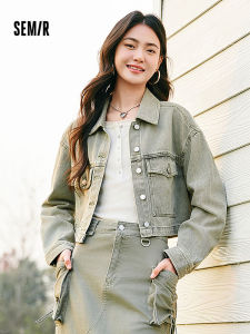 Semir Womens Short Vintage Denim Jacket Sweet Style Turn-down Collar Button Detail Cotton Blend Fall Fashion Trendy Coat