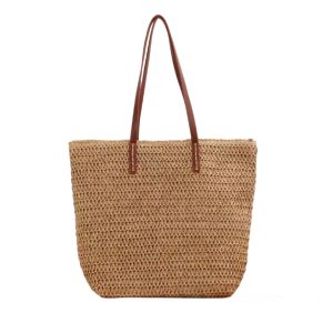 IELGY Womens Classic Straw Bag Beach Bag Shoulder Woven Straw Flat Tote Bag Leather Shoulder Strap
