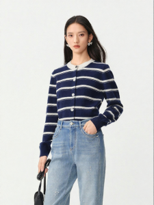Koradior | Spring New Classic Versatile for Work Striped Round-Neck Womens Cardigan