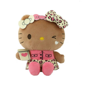 Sanrio | New Black Leather Leopard Print Kt Hello Kitty Plush Doll Cute Cat Keychain Backpack Pendant Soft Stuffed Doll Birthday Gift