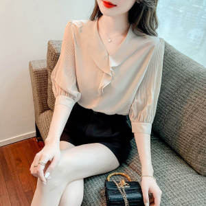 Áo Sơ Mi Chiffon Cổ Chữ V Tay Ngắn Thời Trang Mùa Hè Cho Nữ Áo Sơ Mi Tay Dài Xếp Ly Thường Ngày Chất Liệu Khác 100%