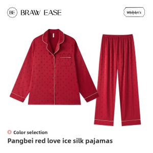 BE | Couple Bridal Sleepwear Silk Iced Thread Long Sleeve Home Clothes Set for Autumn and Spring