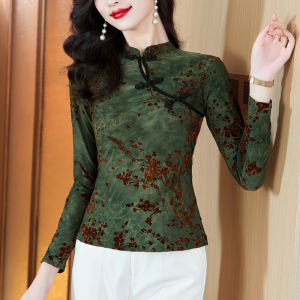 Chinese Style Long Sleeve Dyed Flocking T-Shirt Womens Autumnal Qipao Collar Button up Base Shirt Daily Wear Polyester Fiber
