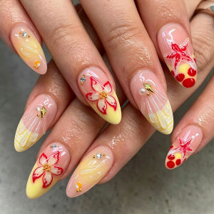 10Pcs Yellow Pink Gradient French Tip Fake Nail 3D Leopard print Lily Pearl Press On Nails Almond Summer Holiday False Fingertip