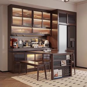 Solid Wood Sideboard Wine Cabinet Kitchen Cabinet Cupboard Multi-Functional Refrigerator Cabinet Wall Integrated Top Dining Table Rotatable