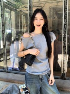 Street Style American Loose Knot Shoulder Short Sleeve T-Shirt Daynight Summer Casual Feel Pure Color Womens Silk Top
