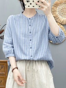 Womens Stripe Shirt Cotton Blend Comfortable Breathable Casual Style Five-Quarter Sleeve Stand Collar Summer High Quality