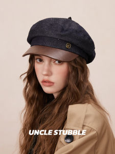 Korean Style Newsboy Cap Japanese High Quality Leather Cuffed Color Block Octagonal Hat Denim Fashionable White Beret for Women