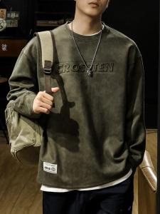 Retro American Suede Sweatshirt Mens 3D Steel Stamp Trendy Loose Casual round Neck Top Youth Autumn Fashion Streetwear